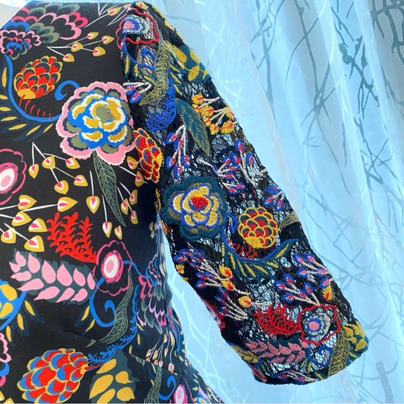 SALONI CELIA BLACK COLORFUL FLORAL PRINT SHEER LACE 1/2 SLEEVES MINI DRESS - Picture 4 of 12